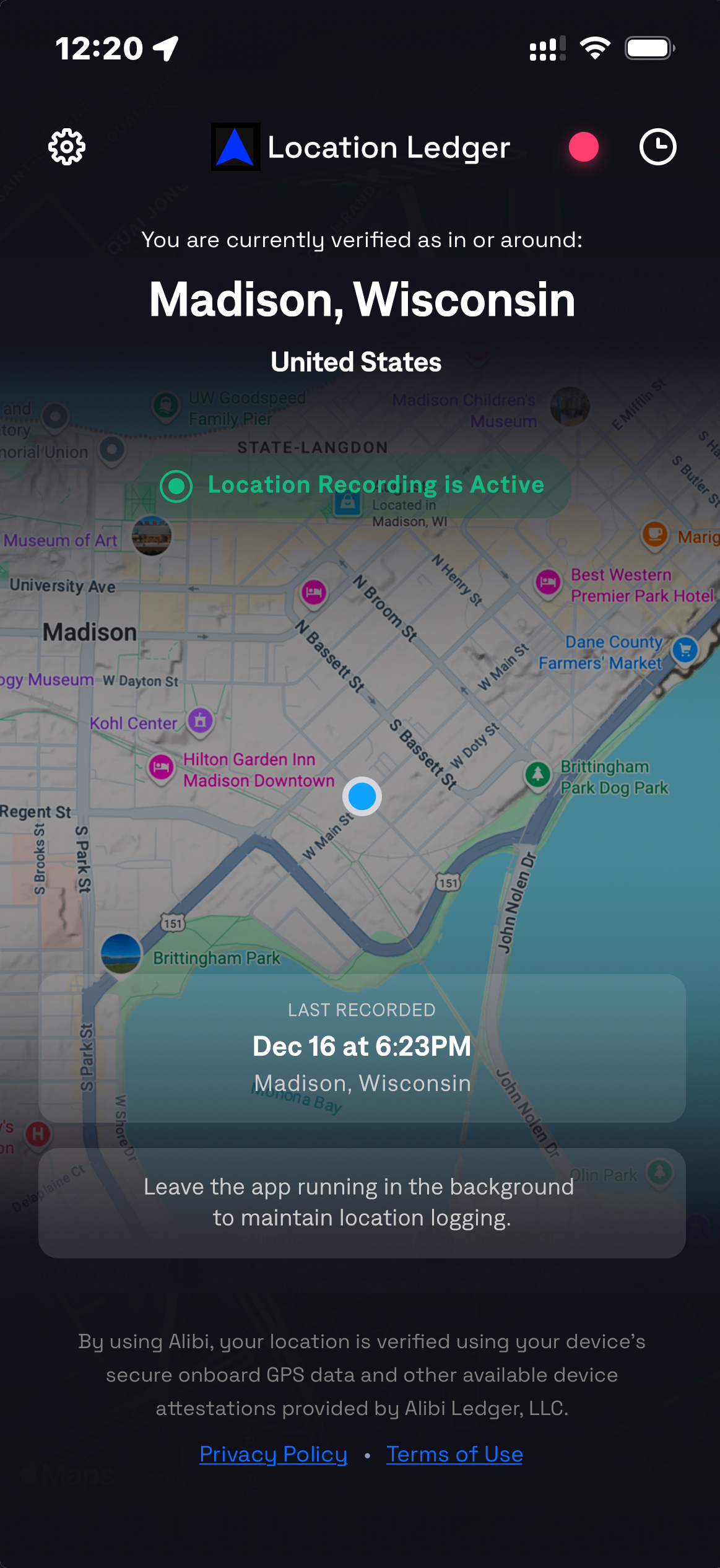 Location recording screen